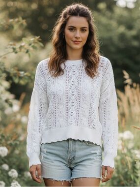 Lucky Brand White Crochet Knit Sweater Cropped Cotton Boho Cottagecore Size L
